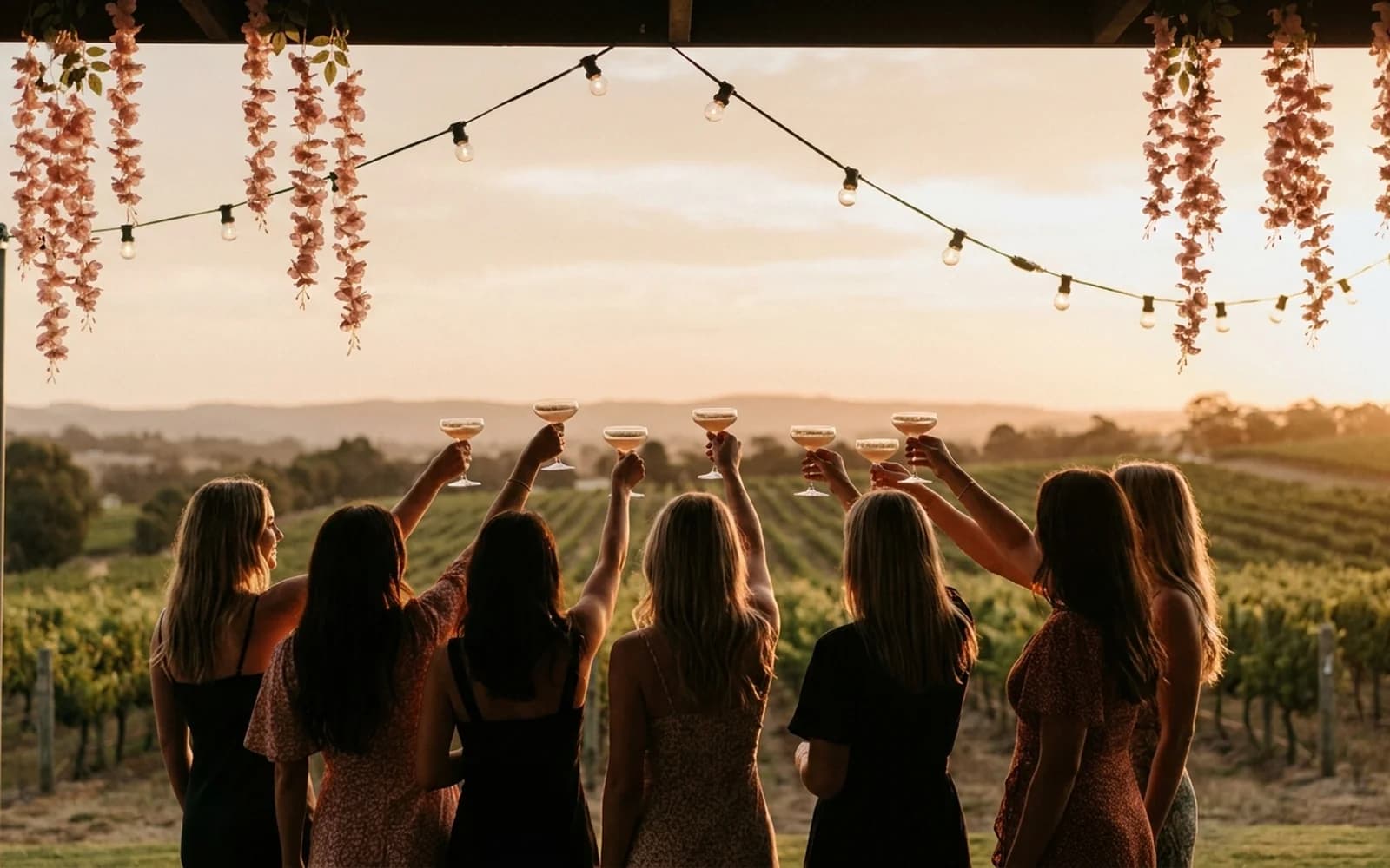 A hens group in silhouette toasting cocktails at an Adelaide winery at golden hour