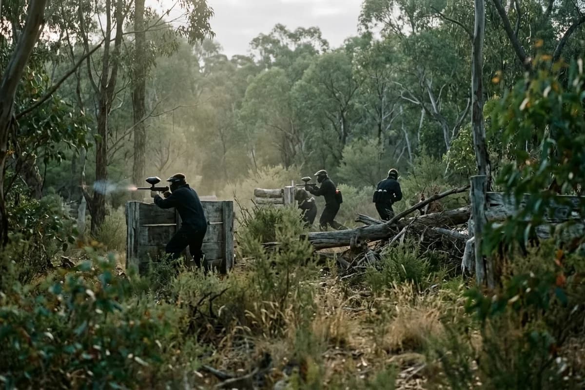 Bucks group playing paintball across bushland fields in the Adelaide Hills