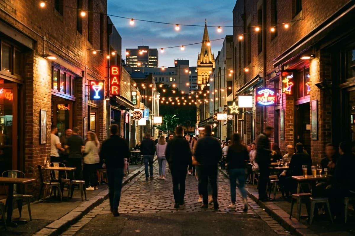 Adelaide CBD laneway and rooftop bars glowing at dusk
