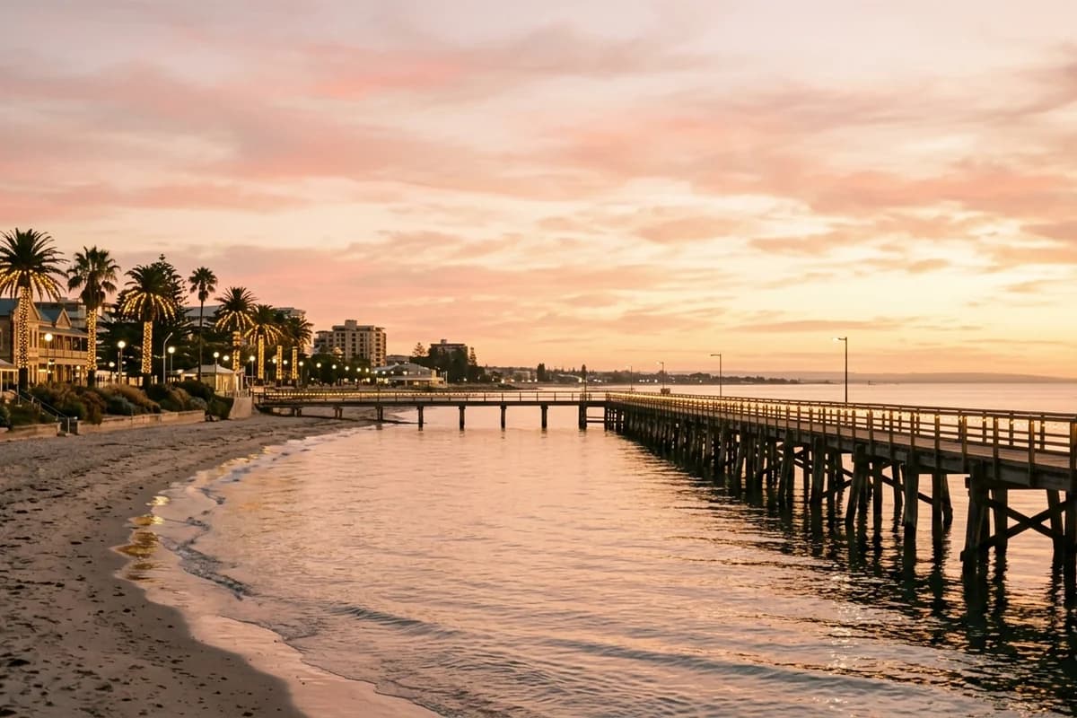 Glenelg beachfront and jetty at golden hour