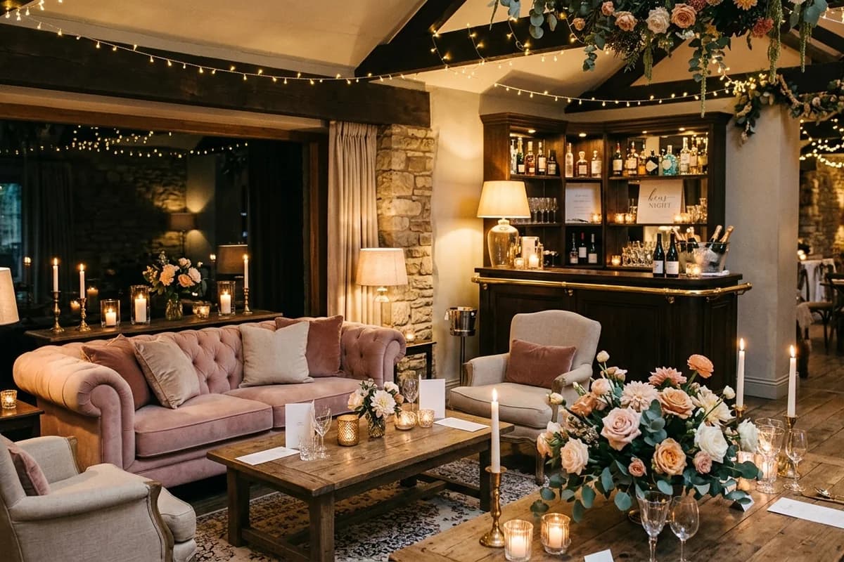 A private hens party venue space dressed with festoon lighting and cocktails